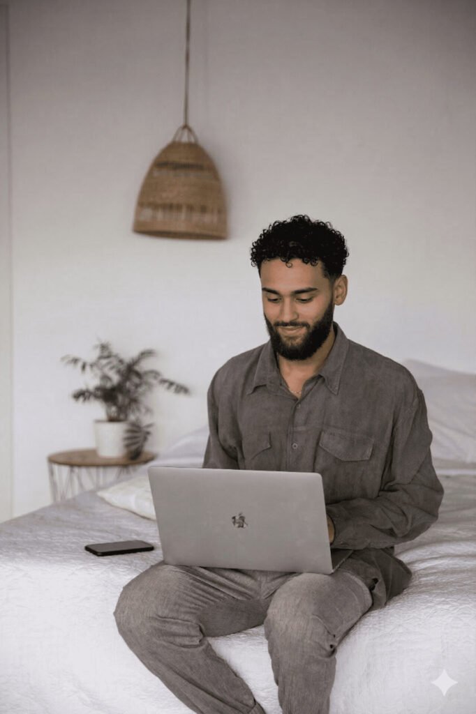 Oualid, de maker achter otsdesign, met zijn laptop