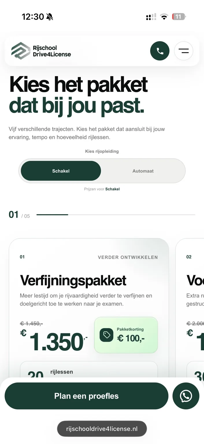 Mobiele tarievenpagina van Rijschool Drive4License ontworpen door otsdesign
