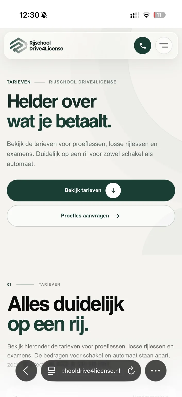Mobiele informatiepagina van Rijschool Drive4License ontworpen door otsdesign