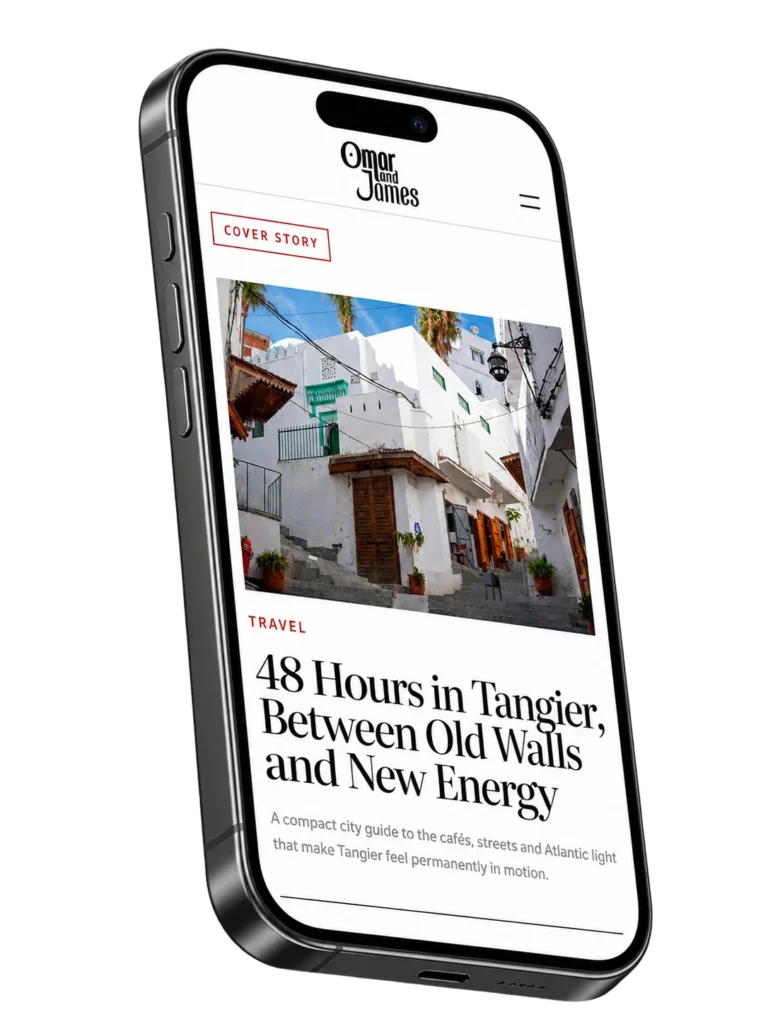Omar & James website in iPhone-mockup met een editorial coverstory over Tanger