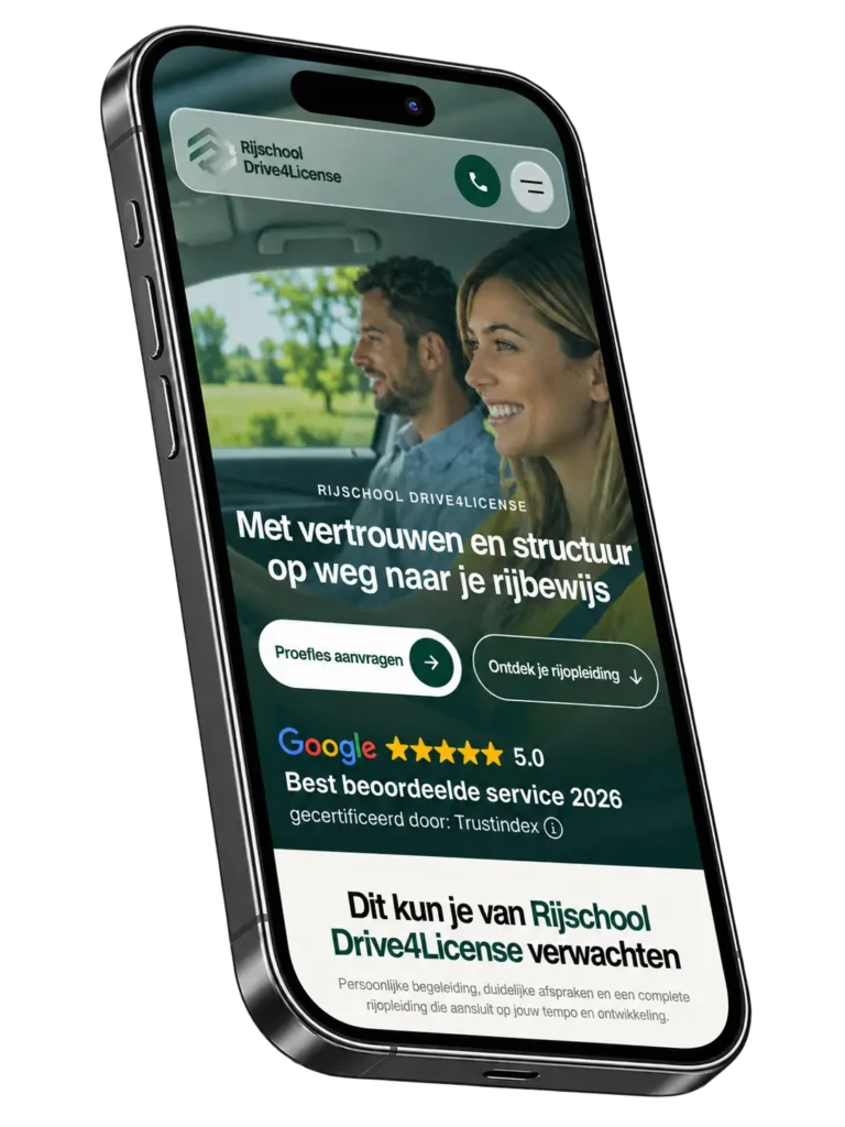 iPhone-mockup van Rijschool Drive4License met rijlespakketten en de proeflesaanvraag